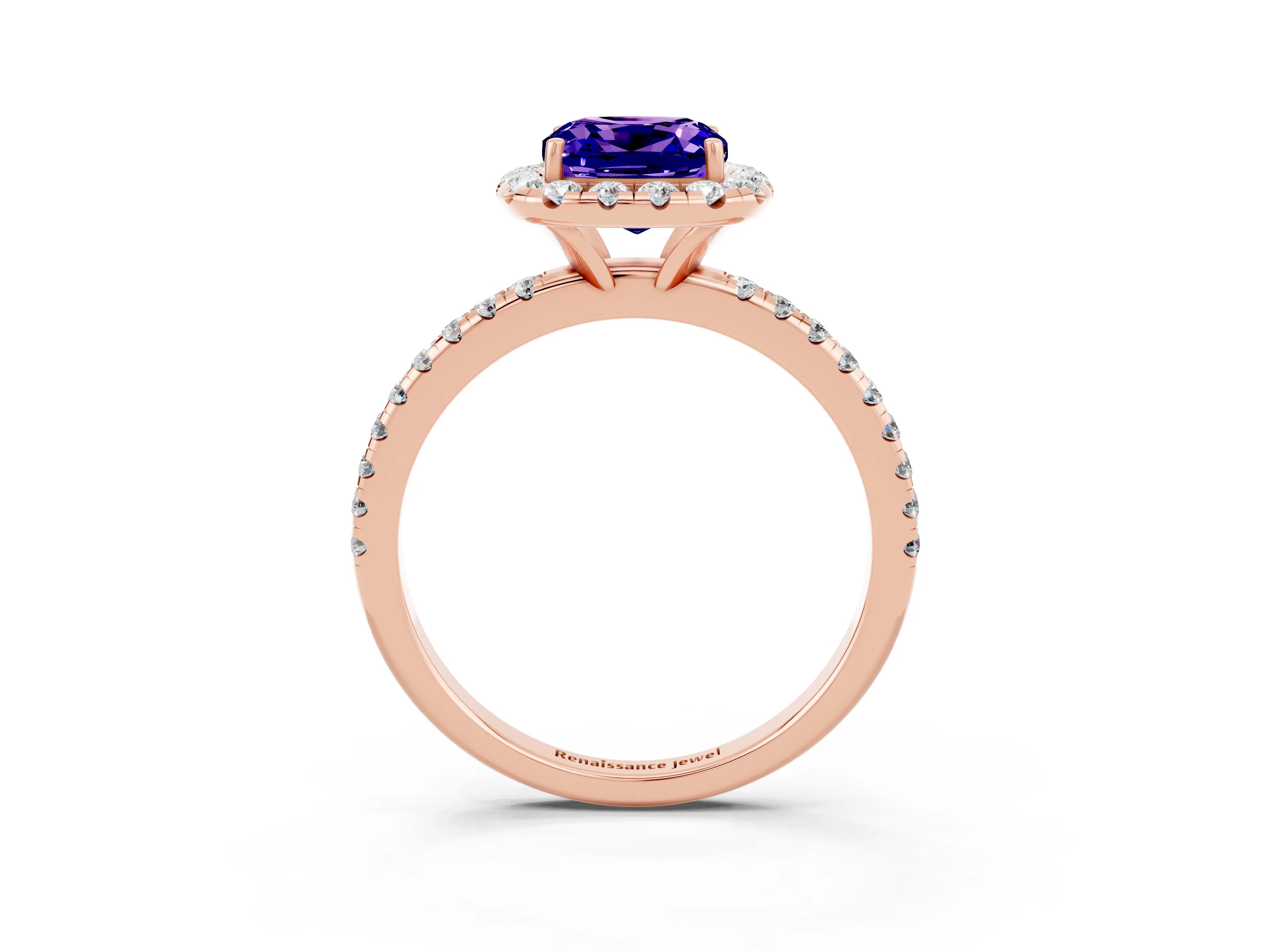 Rose gold Cushion Cut Cut Diamond Floral Halo Engagement Ring with Pavé Band and Prong Setting_3