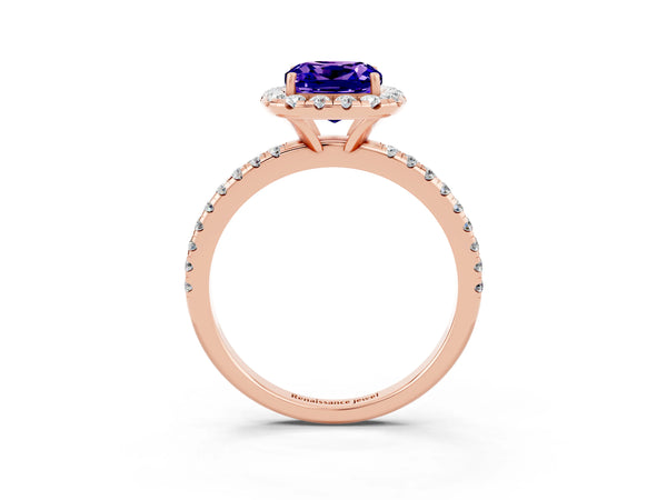 Rose gold Cushion Cut Tanzanite Halo Engagement Ring with Round Pavé Band and Prong Setting