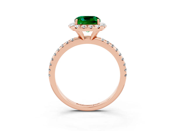 Rose gold Cushion Cut Emerald Halo Engagement Ring with Round Pavé Band and Prong Setting