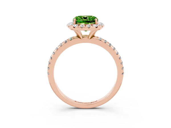 Rose gold Cushion Cut Cut Diamond Floral Halo Engagement Ring with Pavé Band and Prong Setting