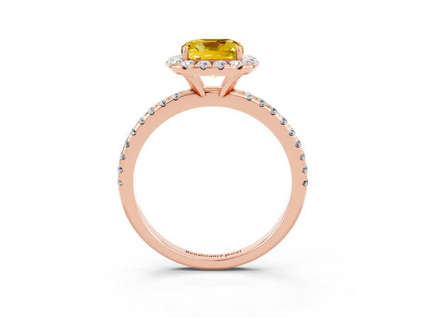 Rose gold Cushion Cut Yellow Sapphire Halo Engagement Ring with Round Pavé Band and Prong Setting
