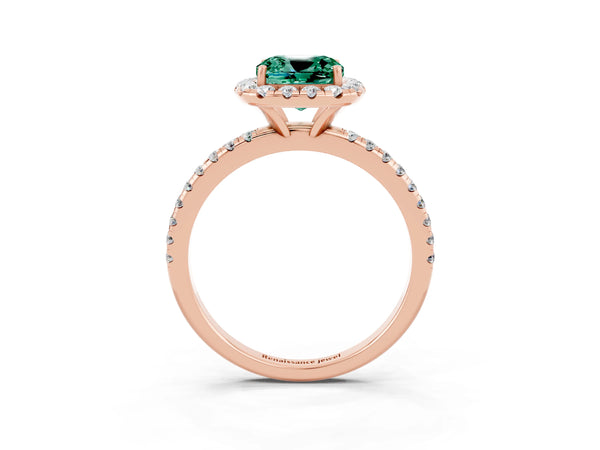 Rose gold Cushion Cut Green Sapphire Halo Engagement Ring with Round Pavé Band and Prong Setting