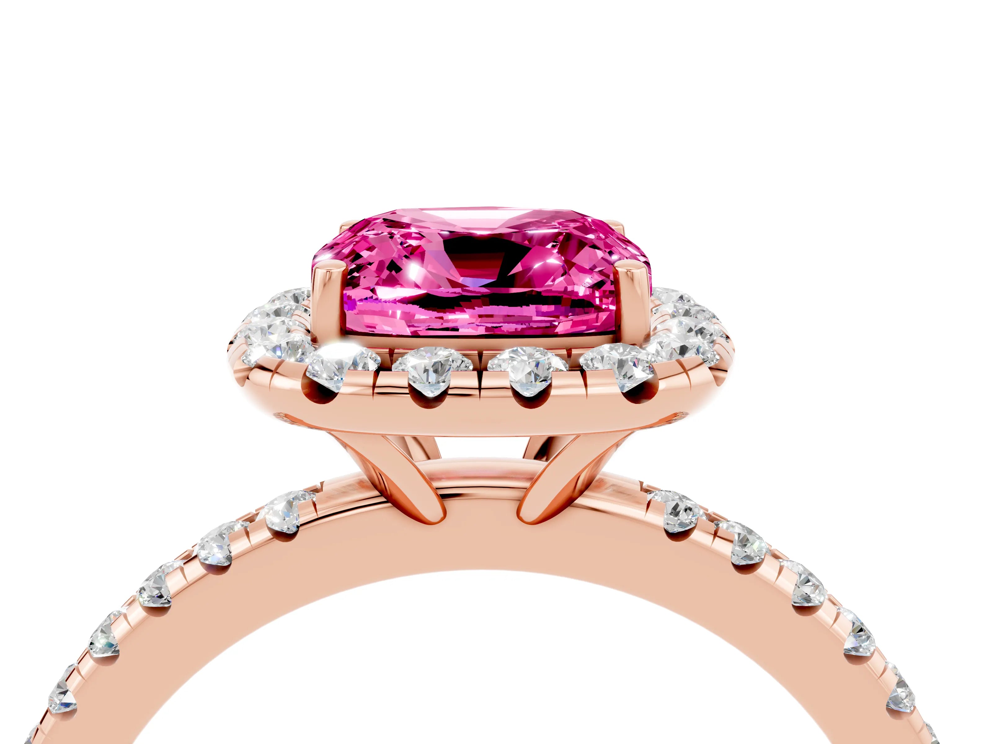 Rose gold Cushion Cut Cut Diamond Floral Halo Engagement Ring with Pavé Band and Prong Setting_4