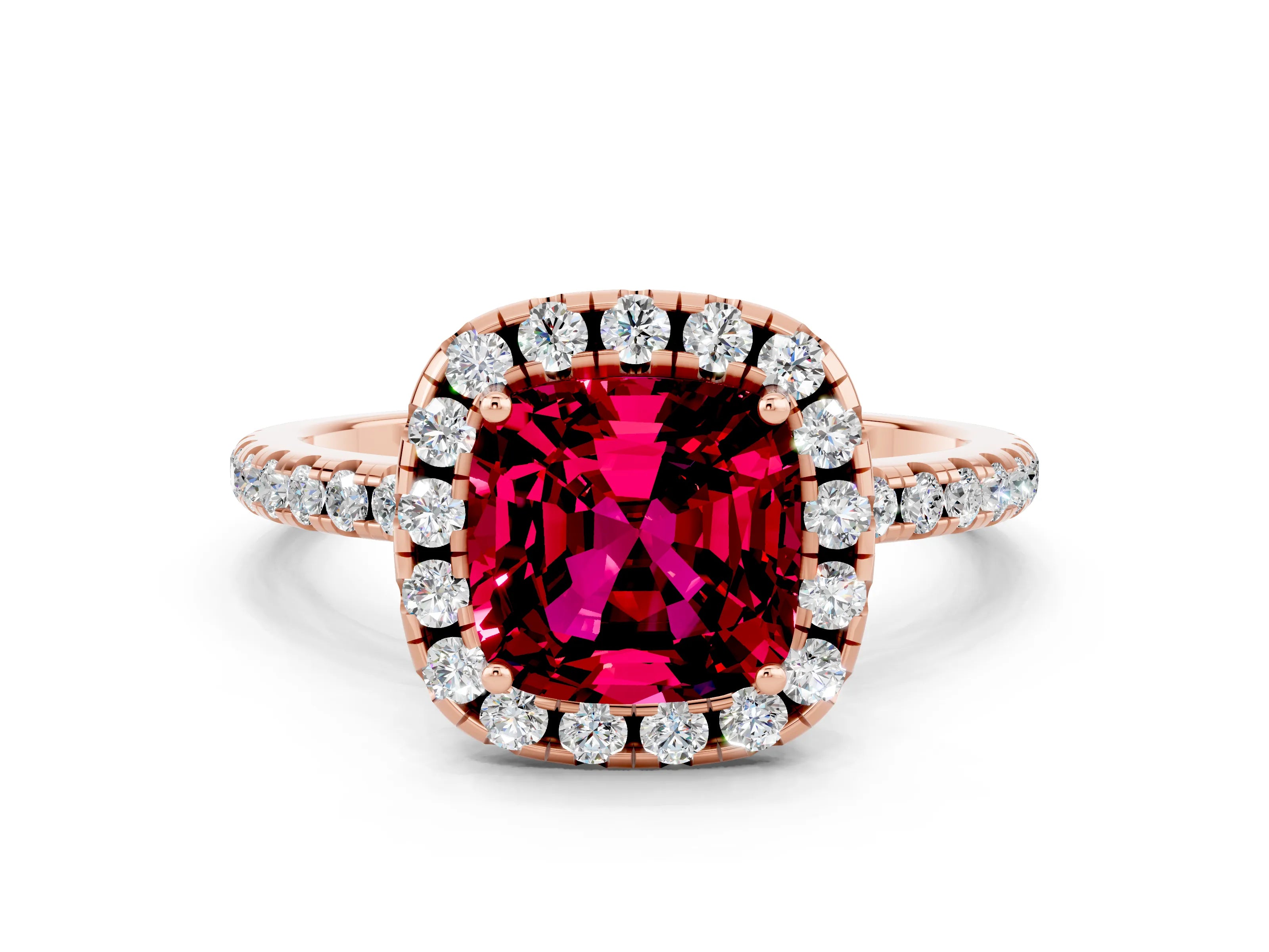 Rose gold Cushion Cut Cut Diamond Floral Halo Engagement Ring with Pavé Band and Prong Setting