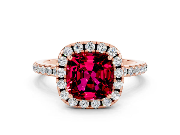 Rose gold Cushion Cut Garnet Halo Engagement Ring with Round Pavé Band and Prong Setting
