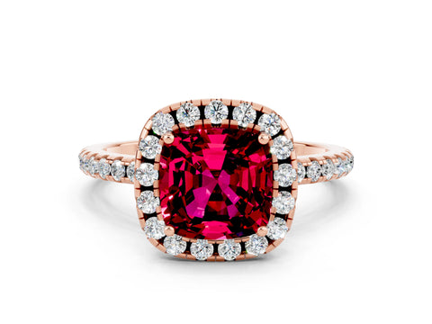 Rose gold Cushion Cut Cut Diamond Floral Halo Engagement Ring with Pavé Band and Prong Setting