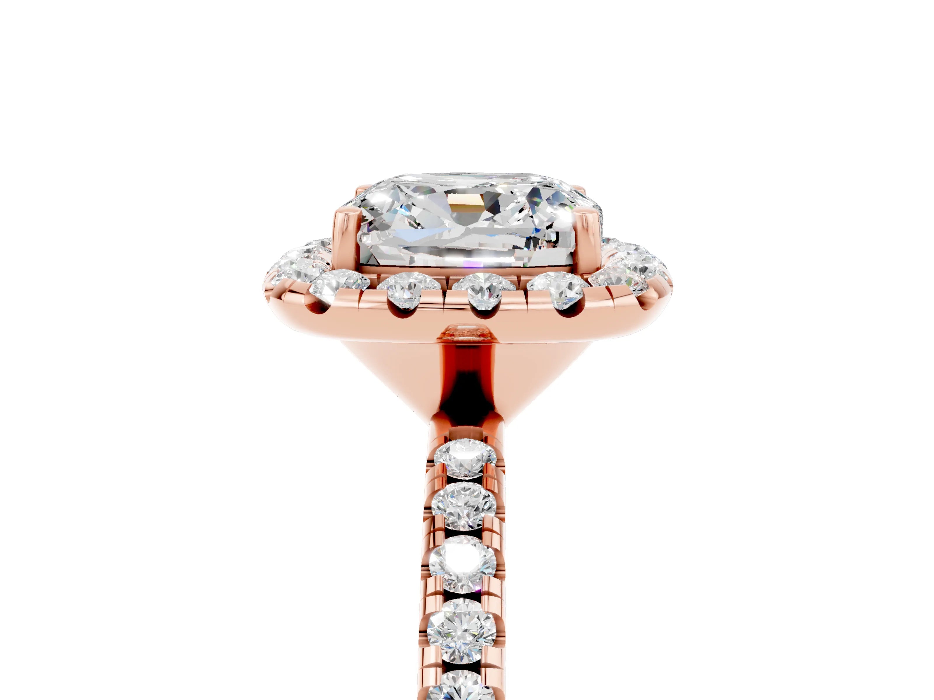 Rose gold Cushion Cut Cut Diamond Floral Halo Engagement Ring with Pavé Band and Prong Setting_5
