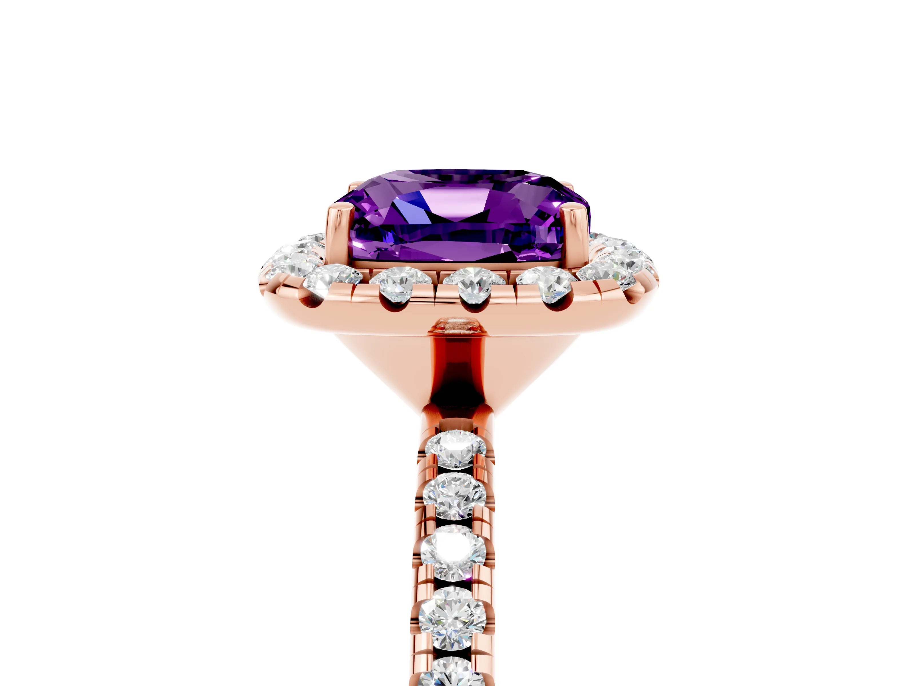 Rose gold Cushion Cut Cut Diamond Floral Halo Engagement Ring with Pavé Band and Prong Setting_5