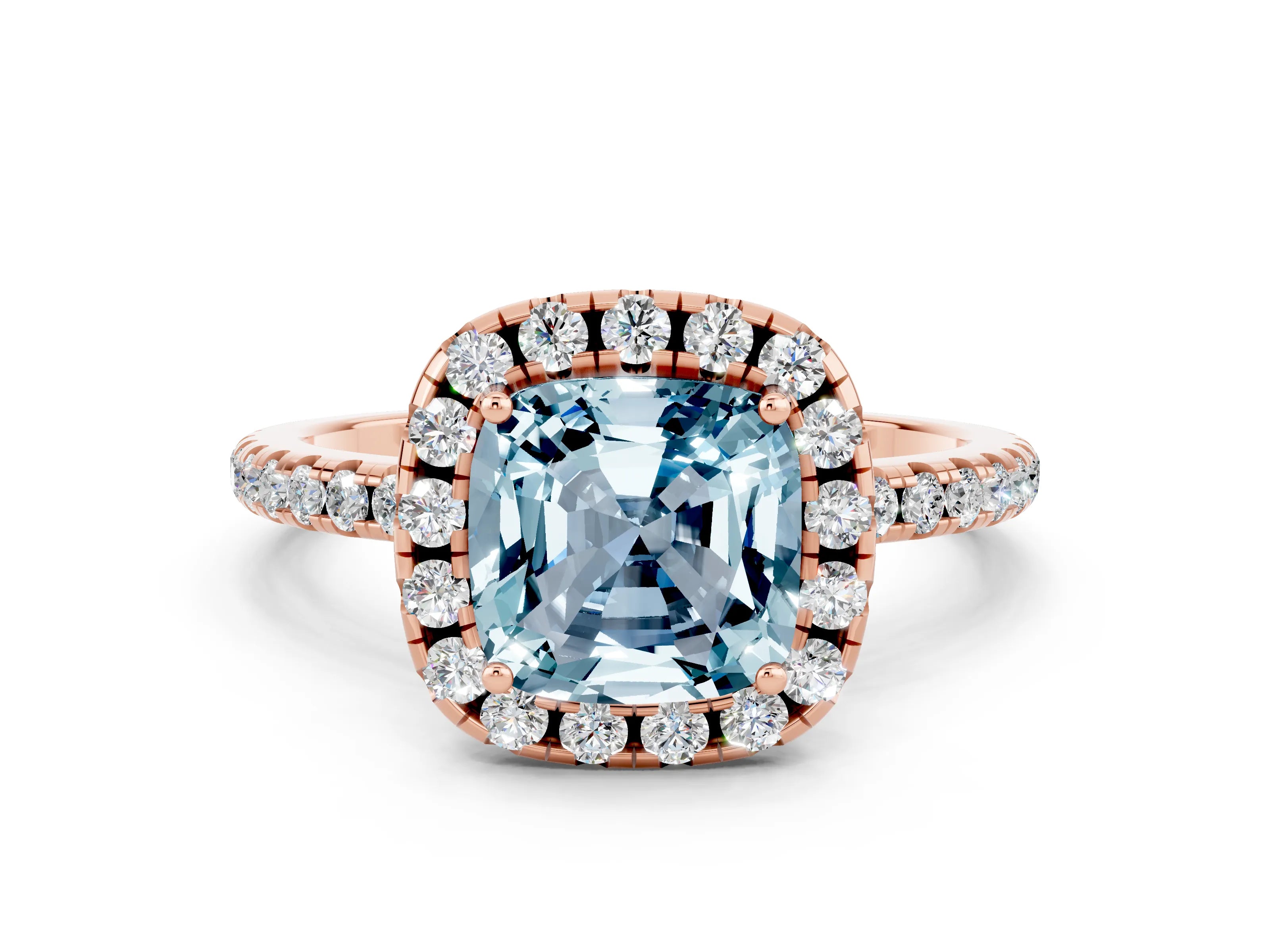 Rose gold Cushion Cut Cut Diamond Floral Halo Engagement Ring with Pavé Band and Prong Setting