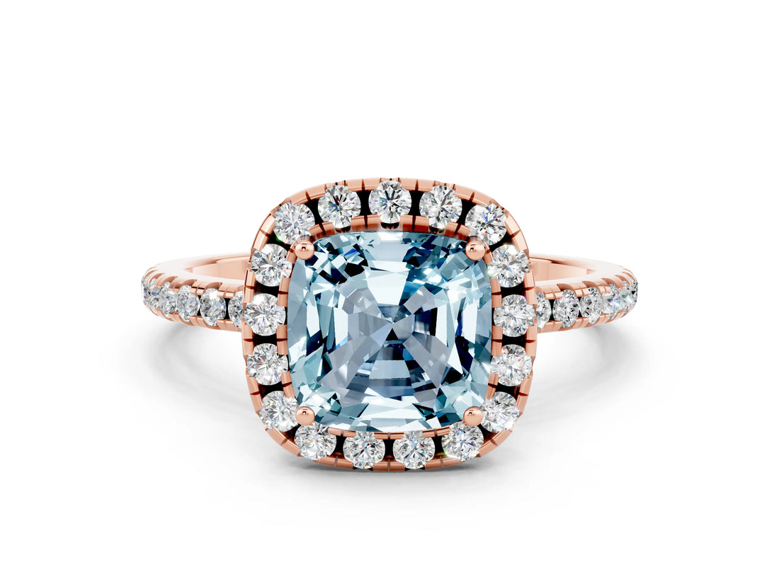 Rose gold Cushion Cut Cut Diamond Floral Halo Engagement Ring with Pavé Band and Prong Setting