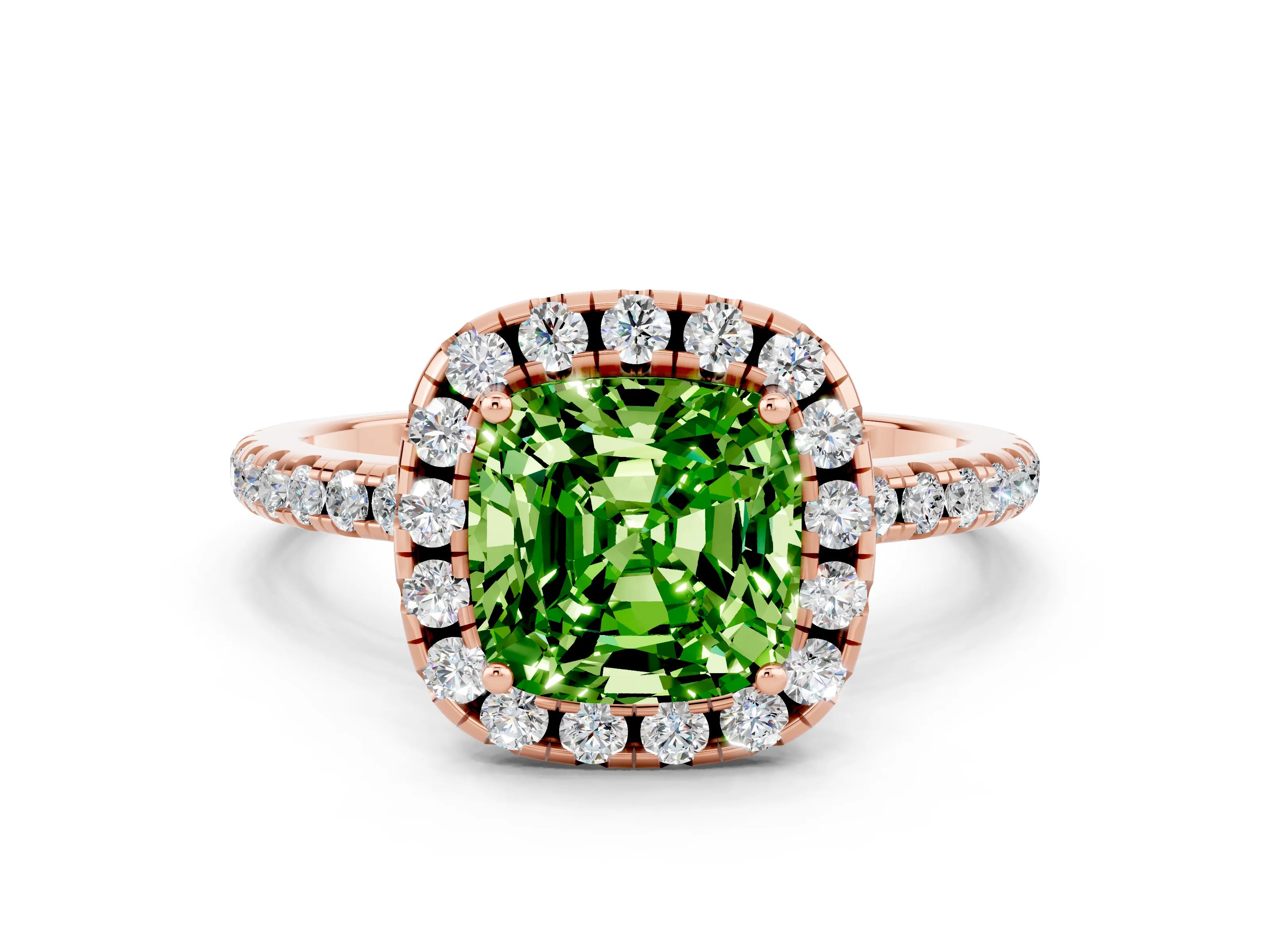 Rose gold Cushion Cut Cut Diamond Floral Halo Engagement Ring with Pavé Band and Prong Setting