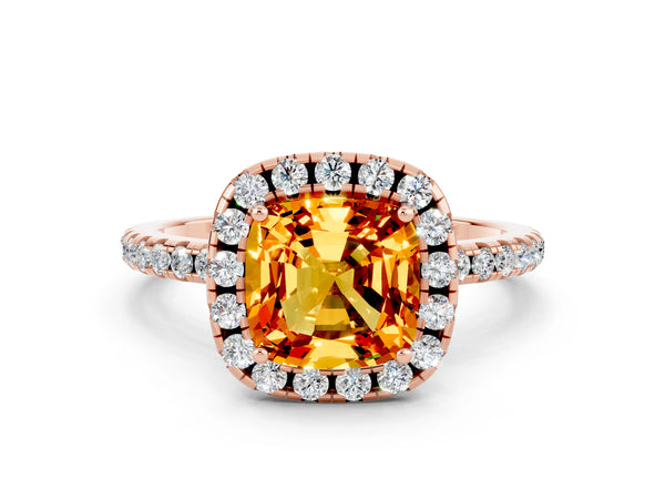 Rose gold Cushion Cut Citrine Halo Engagement Ring with Round Pavé Band and Prong Setting