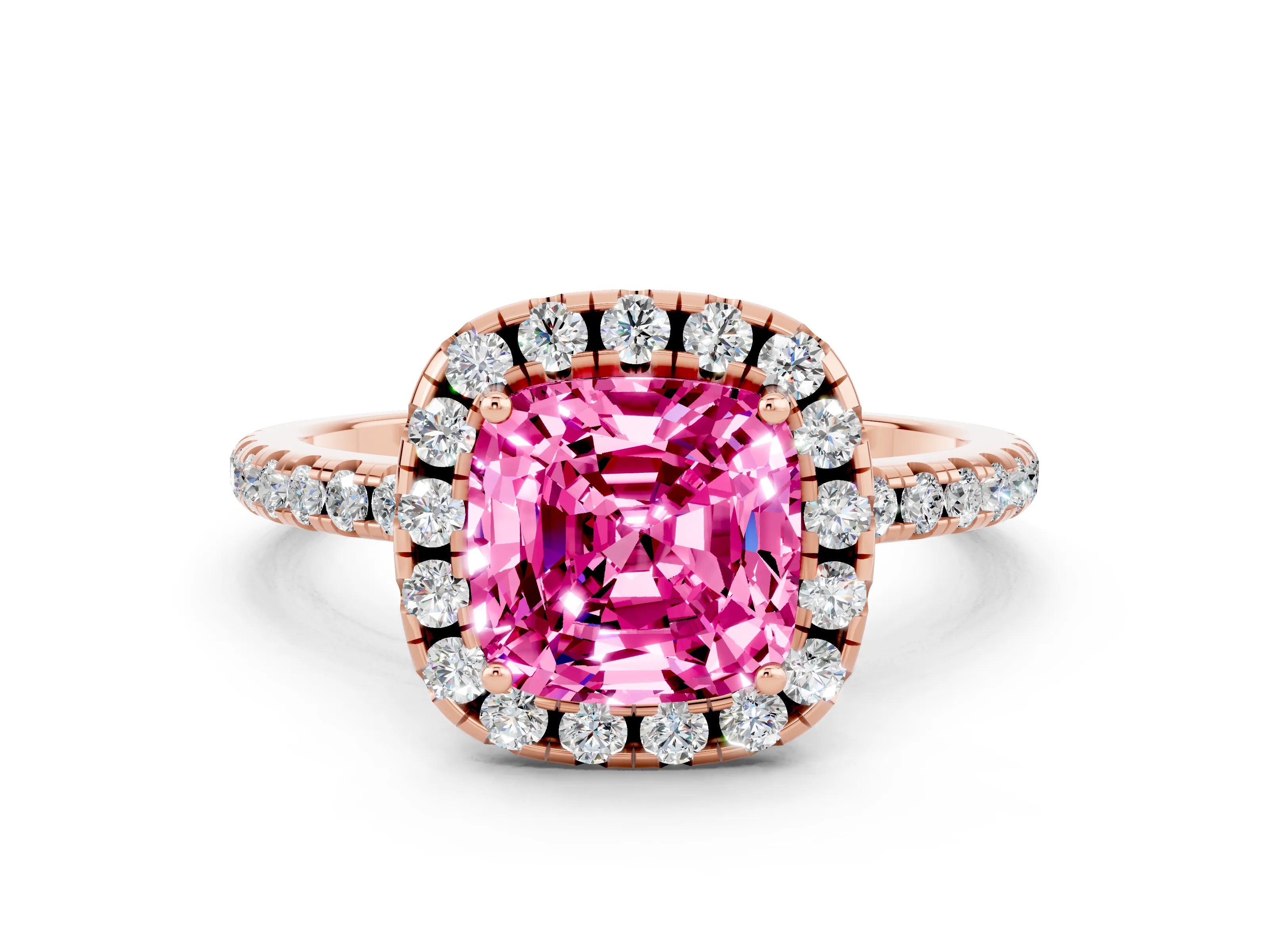 Rose gold Cushion Cut Cut Diamond Floral Halo Engagement Ring with Pavé Band and Prong Setting