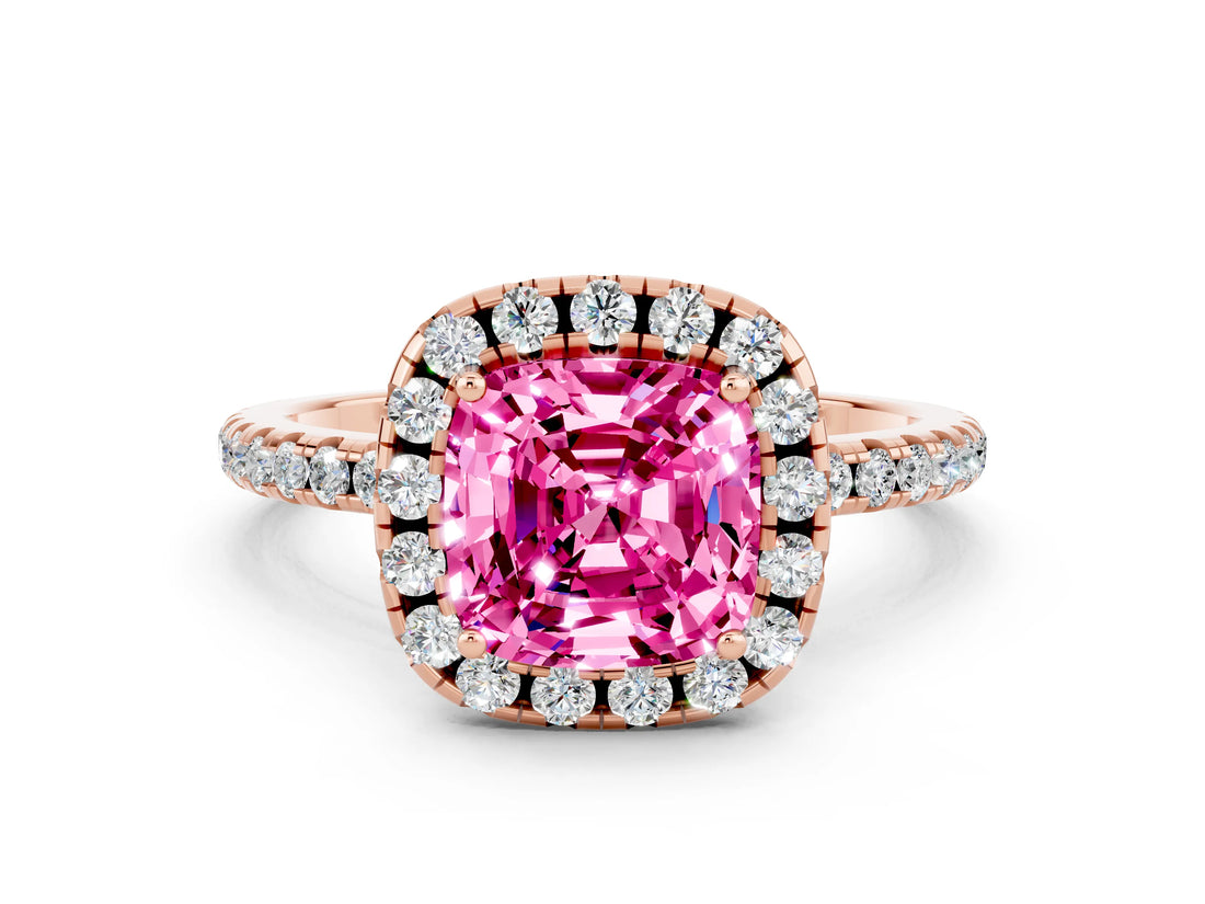 Rose gold Cushion Cut Cut Diamond Floral Halo Engagement Ring with Pavé Band and Prong Setting