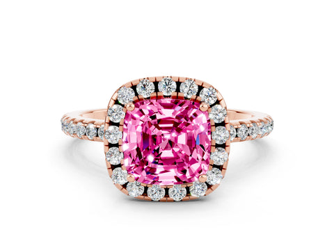 Rose gold Cushion Cut Cut Diamond Floral Halo Engagement Ring with Pavé Band and Prong Setting