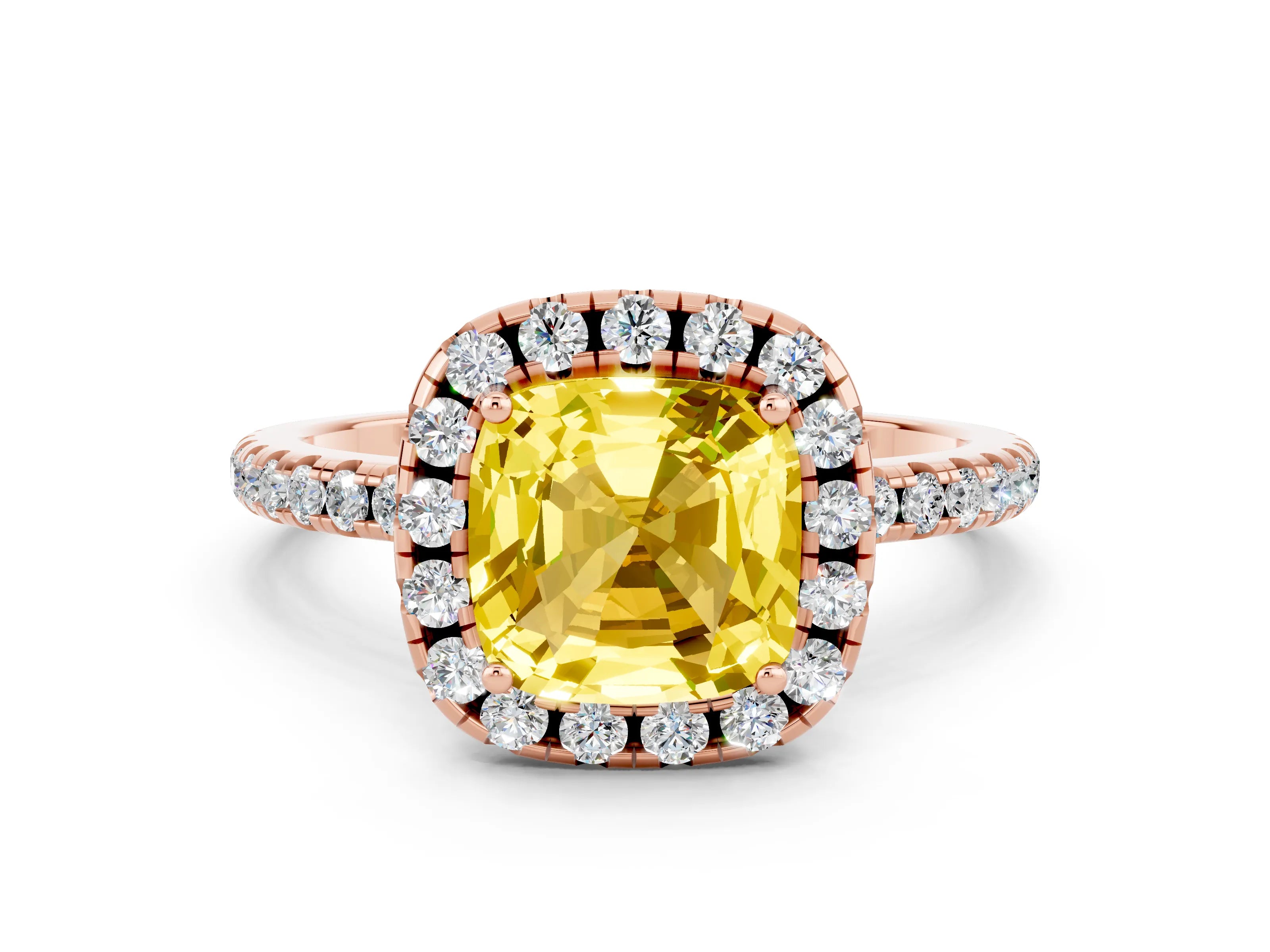 Rose gold Cushion Cut Cut Diamond Floral Halo Engagement Ring with Pavé Band and Prong Setting