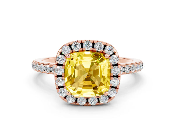 Rose gold Cushion Cut Yellow Sapphire Halo Engagement Ring with Round Pavé Band and Prong Setting