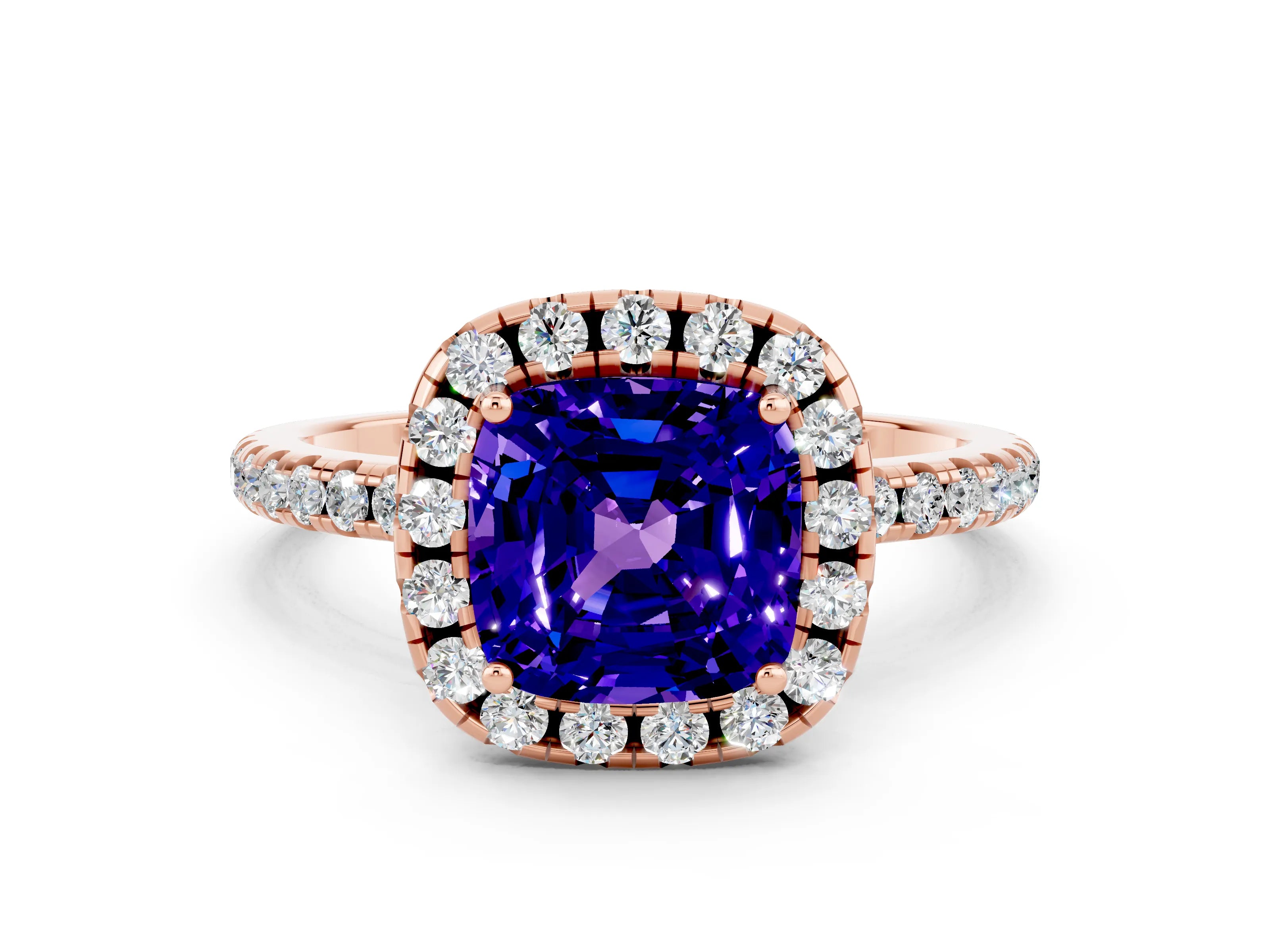 Rose gold Cushion Cut Cut Diamond Floral Halo Engagement Ring with Pavé Band and Prong Setting