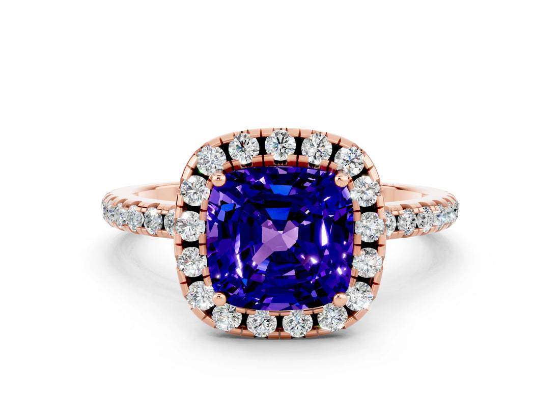 Rose gold Cushion Cut Cut Diamond Floral Halo Engagement Ring with Pavé Band and Prong Setting