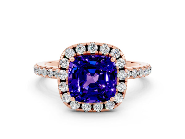 Rose gold Cushion Cut Tanzanite Halo Engagement Ring with Round Pavé Band and Prong Setting