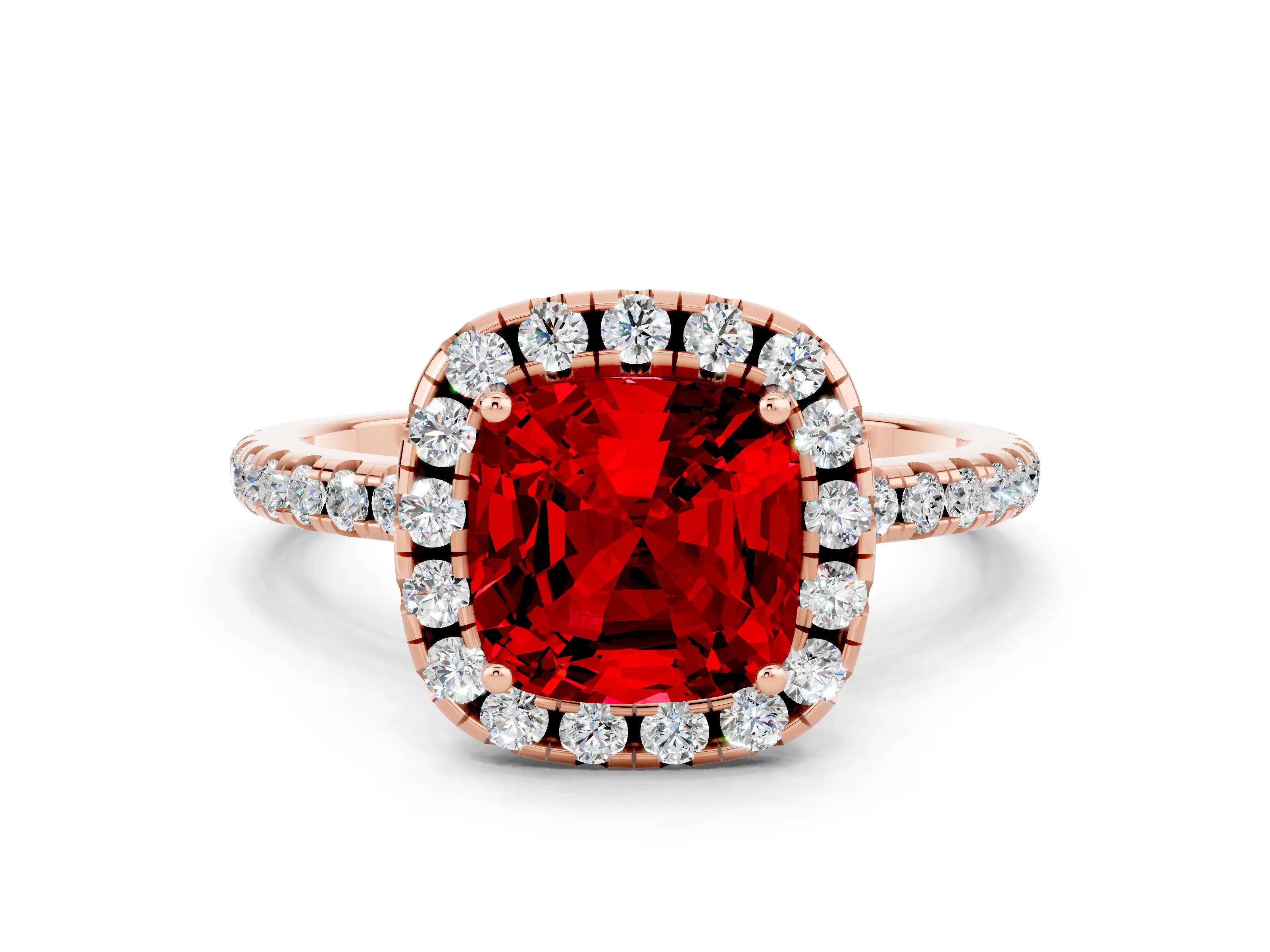 Rose gold Cushion Cut Cut Diamond Floral Halo Engagement Ring with Pavé Band and Prong Setting