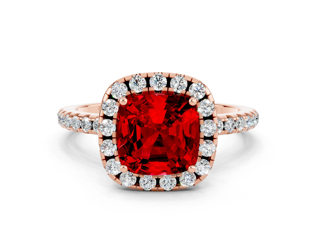 Rose gold Cushion Cut Cut Diamond Floral Halo Engagement Ring with Pavé Band and Prong Setting
