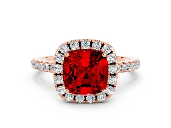 Rose gold Cushion Cut Cut Diamond Floral Halo Engagement Ring with Pavé Band and Prong Setting