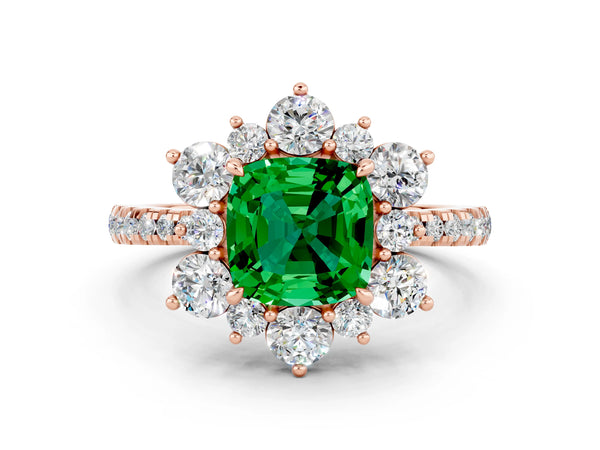 Rose gold Cushion Cut Emerald Floral Halo Ring with Round Pavé Band and Prong Setting