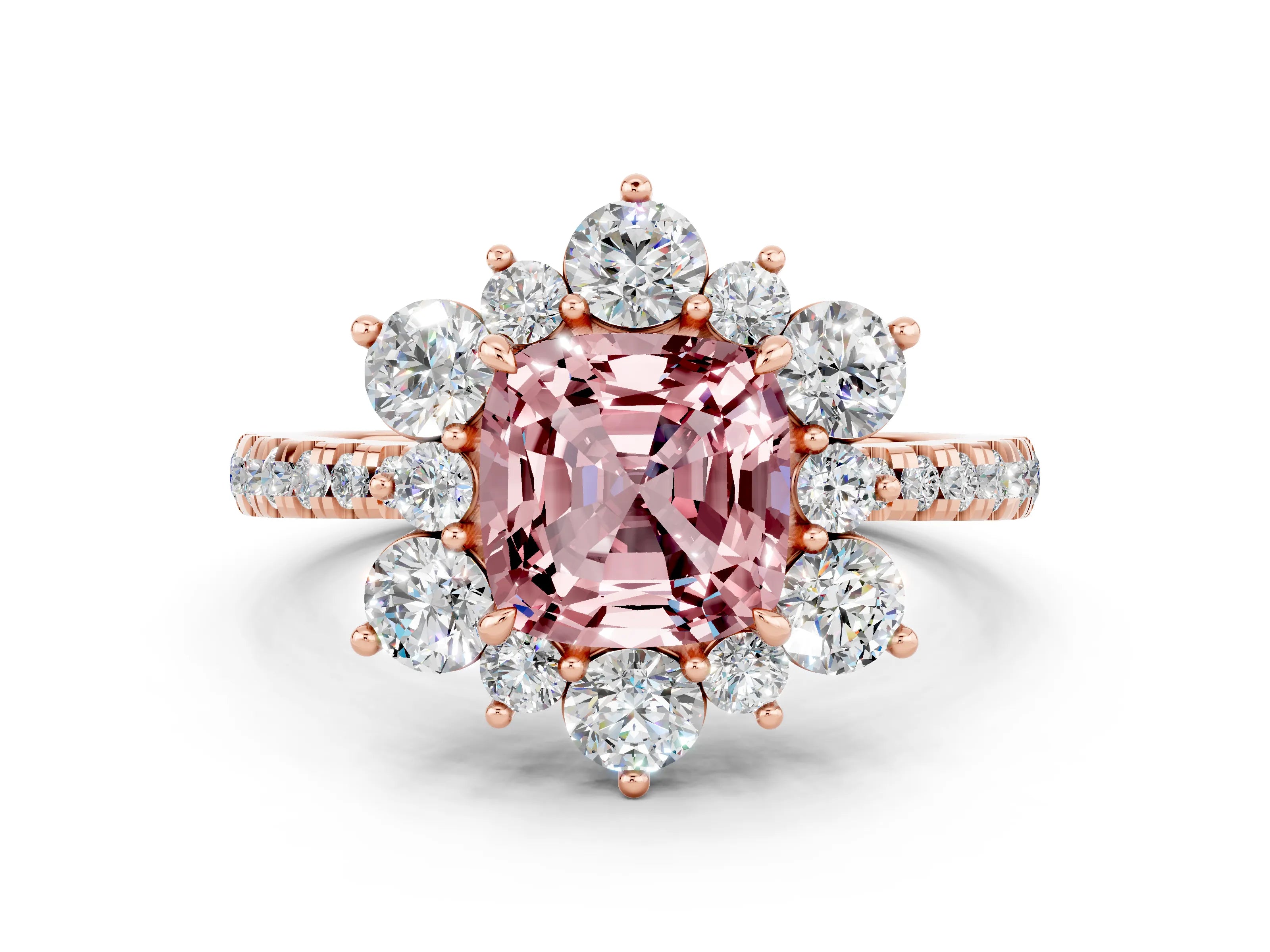 Rose gold Cushion Cut Cut Diamond Floral Halo Pave Band with Prong Setting