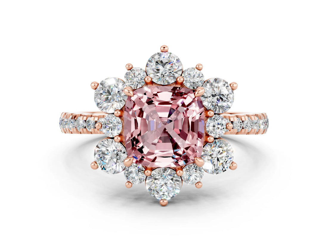 Rose gold Cushion Cut Cut Diamond Floral Halo Pave Band with Prong Setting