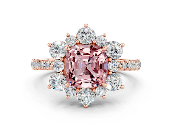 Rose gold Cushion Cut Cut Diamond Floral Halo Pave Band with Prong Setting