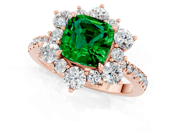 Rose gold Cushion Cut Emerald Floral Halo Ring with Round Pavé Band and Prong Setting