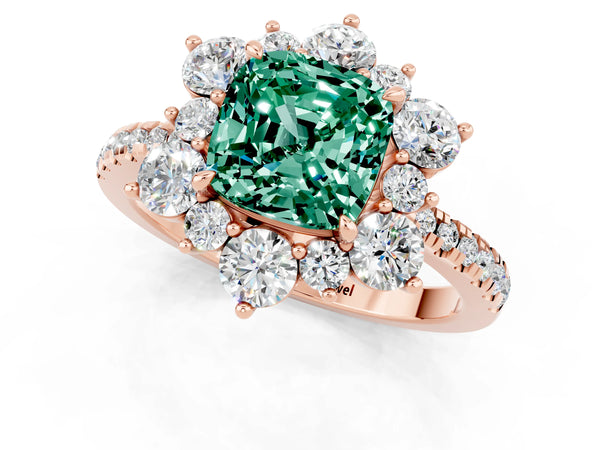 Rose gold Cushion Cut Green Sapphire Floral Halo Ring with Round Pavé Band and Prong Setting
