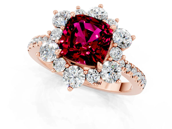 Rose gold Cushion Cut Garnet Floral Halo Ring with Round Pavé Band and Prong Setting