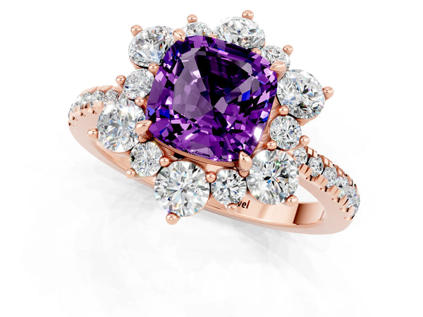 Rose gold Cushion Cut Amethyst Floral Halo Ring with Round Pavé Band and Prong Setting