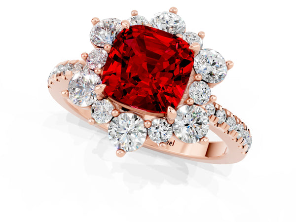 Rose gold Cushion Cut Ruby Floral Halo Ring with Round Pavé Band and Prong Setting