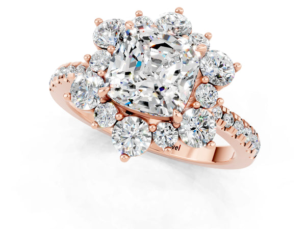 Rose gold Cushion Cut Moissanite Floral Halo Ring with Round Pavé Band and Prong Setting