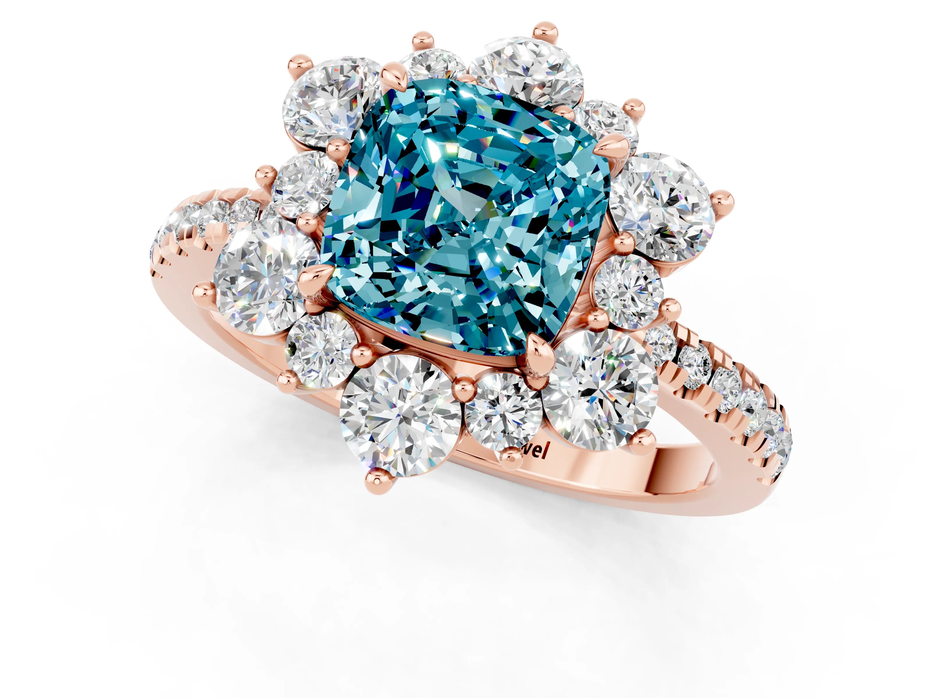 Rose gold Cushion Cut Cut Diamond Floral Halo Pave Band with Prong Setting_1