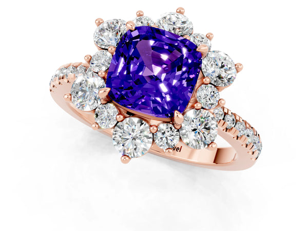 Rose gold Cushion Cut Tanzanite Floral Halo Ring with Round Pavé Band and Prong Setting