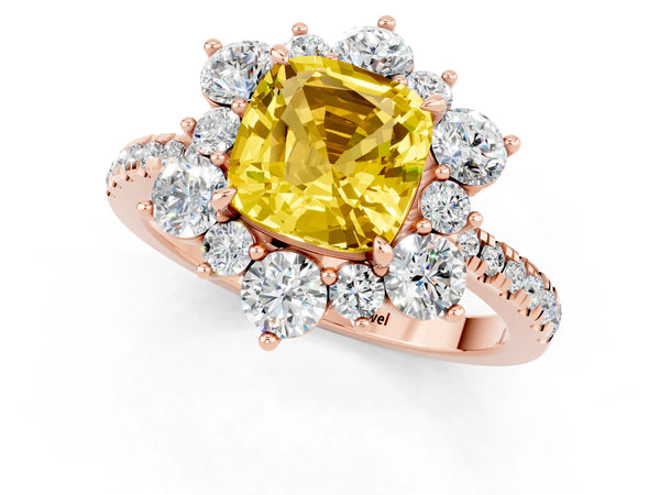 Rose gold Cushion Cut Yellow Sapphire Floral Halo Ring with Round Pavé Band and Prong Setting