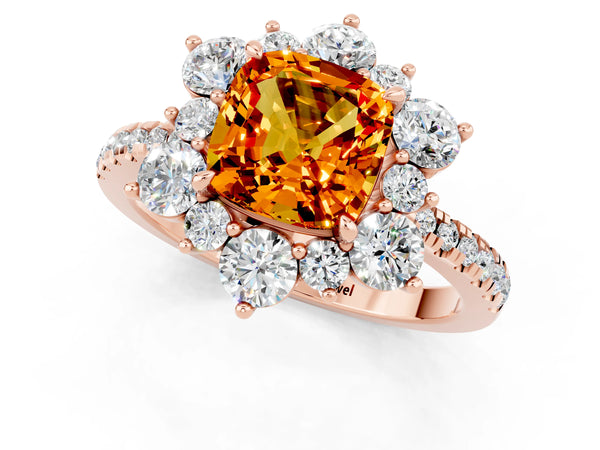 Rose gold Cushion Cut Citrine Floral Halo Ring with Round Pavé Band and Prong Setting