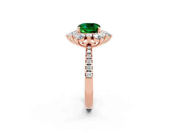 Rose gold Cushion Cut Emerald Floral Halo Ring with Round Pavé Band and Prong Setting