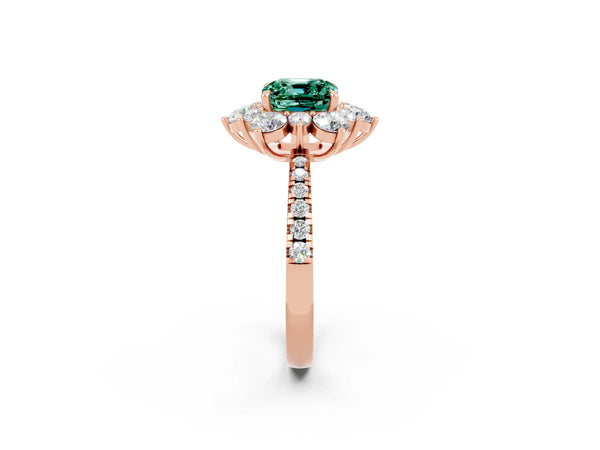 Rose gold Cushion Cut Green Sapphire Floral Halo Ring with Round Pavé Band and Prong Setting