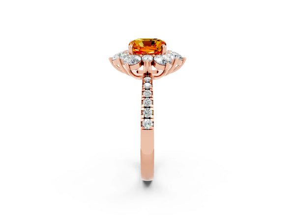 Rose gold Cushion Cut Citrine Floral Halo Ring with Round Pavé Band and Prong Setting