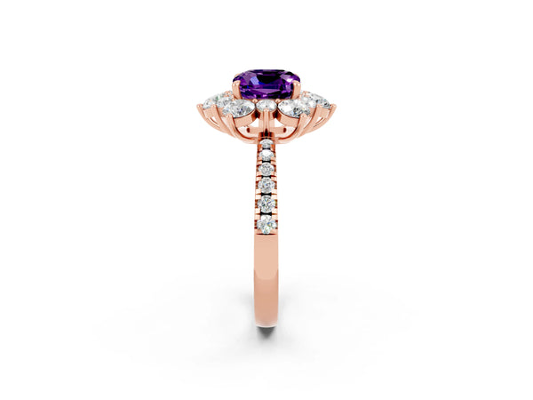 Rose gold Cushion Cut Amethyst Floral Halo Ring with Round Pavé Band and Prong Setting