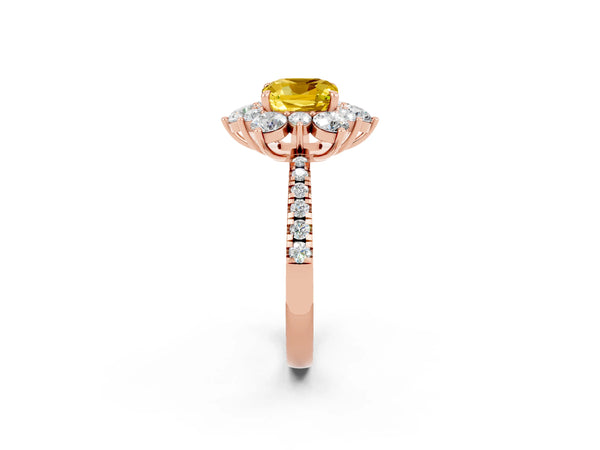 Rose gold Cushion Cut Yellow Sapphire Floral Halo Ring with Round Pavé Band and Prong Setting