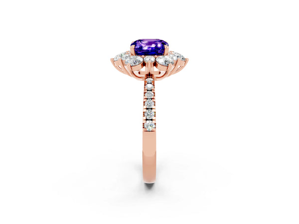 Rose gold Cushion Cut Tanzanite Floral Halo Ring with Round Pavé Band and Prong Setting