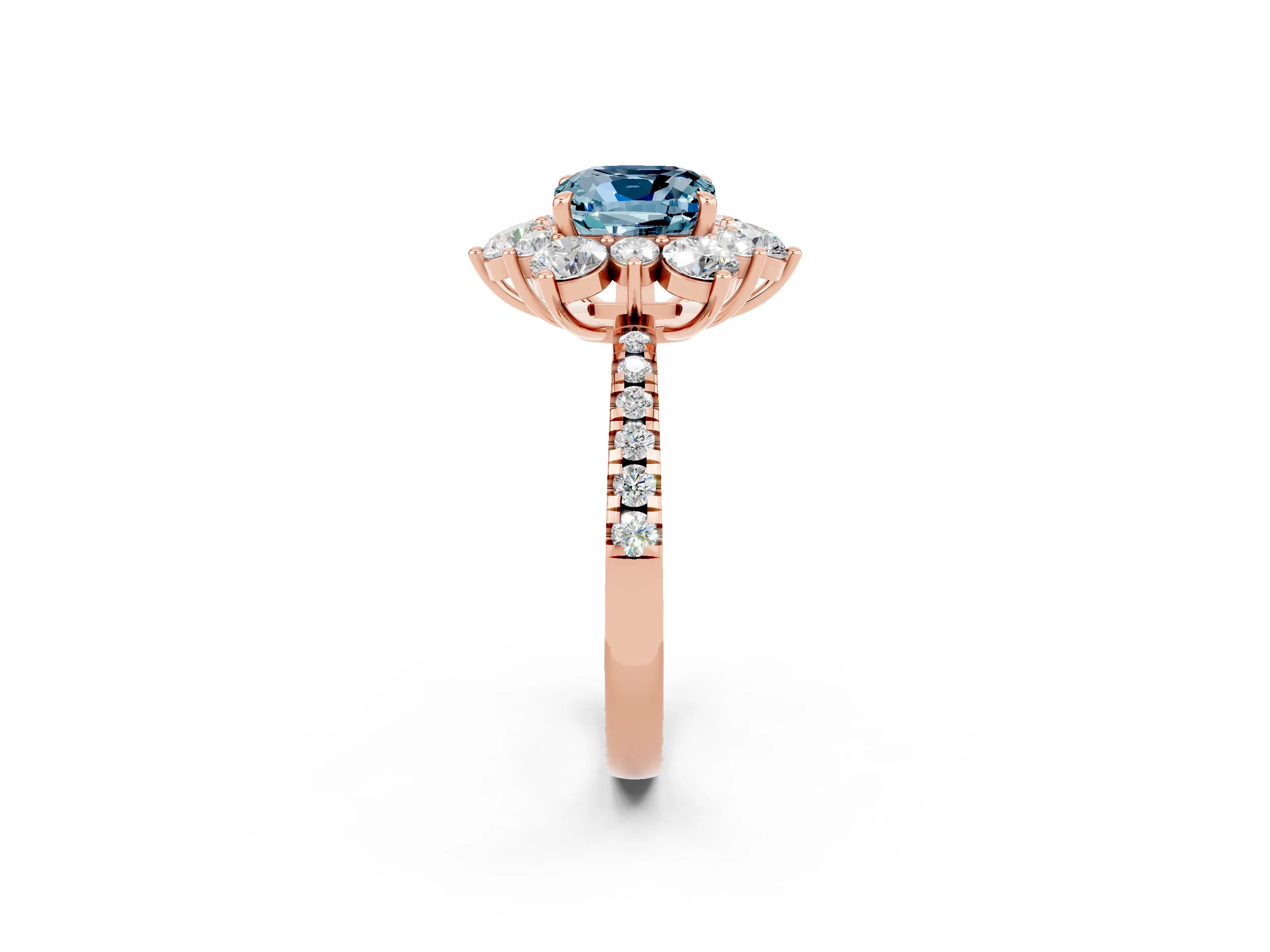 Rose gold Cushion Cut Cut Diamond Floral Halo Pave Band with Prong Setting_2