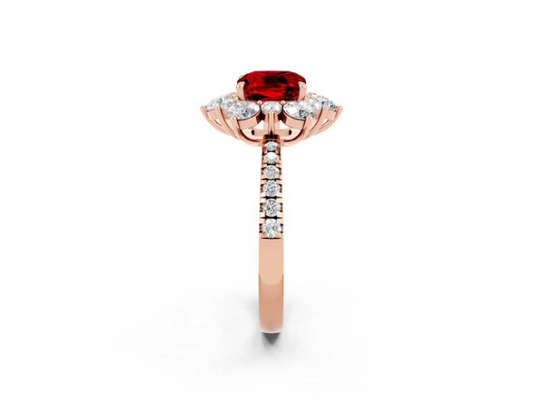 Rose gold Cushion Cut Ruby Floral Halo Ring with Round Pavé Band and Prong Setting