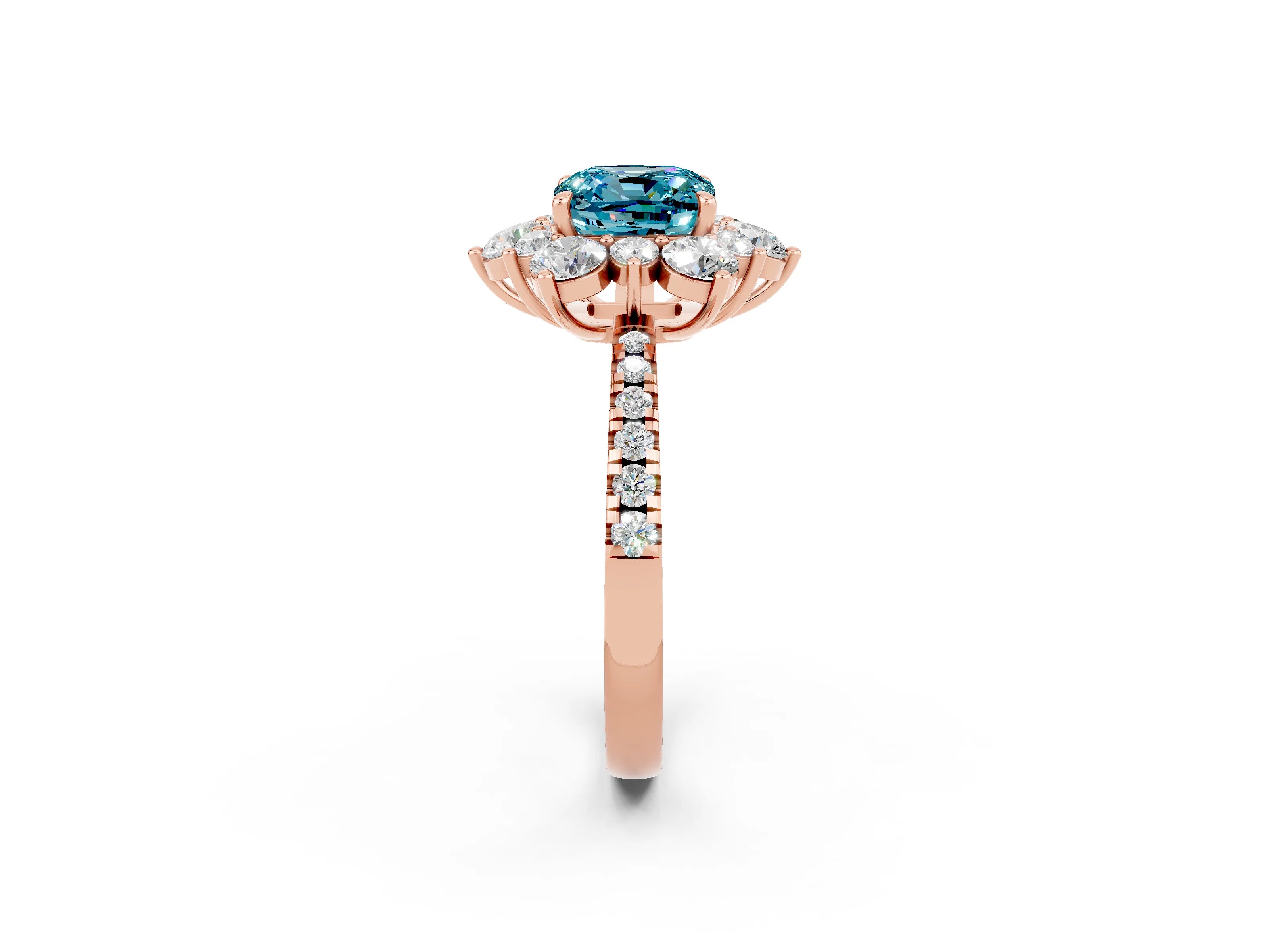Rose gold Cushion Cut Cut Diamond Floral Halo Pave Band with Prong Setting_2